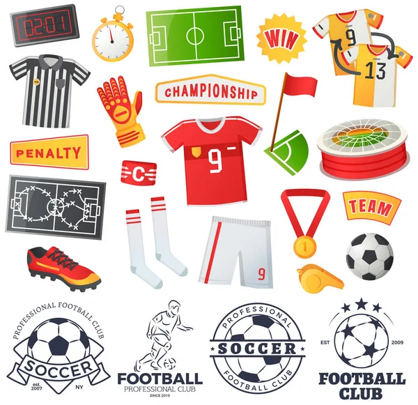 Fußball-Symbole gesetzt, Sport-Fußball-Vektorbanner. Vereinheitlichung und Auszeichnungen isoliert, Mannschaftsmeisterschaft — Stockvektor