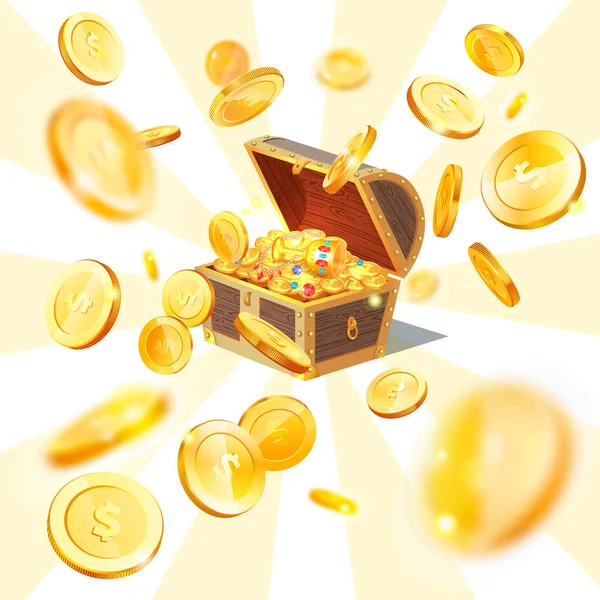 El cofre Dower con monedas de símbolo de dólar caen en caja. Pecho con dinero símbolo de la riqueza y el éxito — Archivo Imágenes Vectoriales