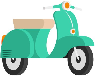 Yeşil eski mobilet, vektör illüstrasyonu, şehir hayatı, şehirde motosiklet sürme hızlı dağıtım hizmeti