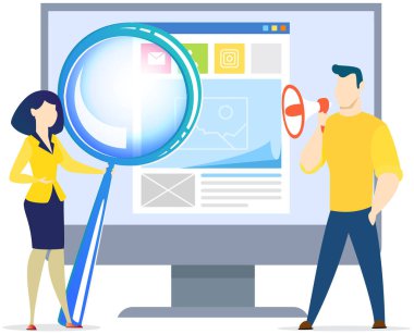Pazarlamacı sosyal ağda profil çıkarıyor. Kadın ekrandaki web sitesini büyüteç kullanarak büyütür