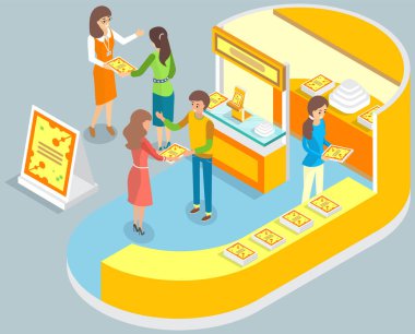 Yeni ürün sunumu ve sergisi hakkında reklam dağıtan tanıtımcıların kompozisyonu