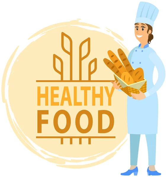 Cocinar alimentos saludables a partir del concepto de ingredientes naturales. Fabricante de pan sosteniendo baguettes frescos, panadería — Vector de stock