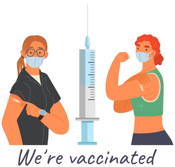 Stop het coronavirus agitatie concept. Vaccinatie promo, immunisatie van werknemers. Vaccin redt levens — Stockvector