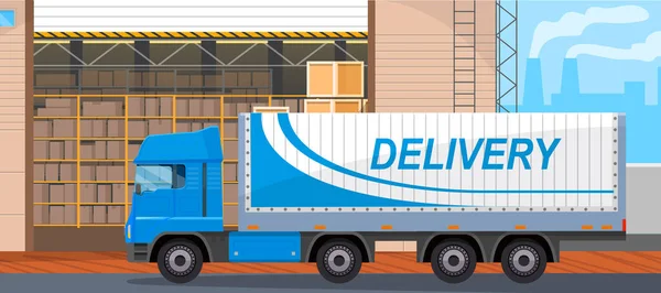 Caminhão para entrega de mercadorias no armazém da empresa. Transporte de mercadorias em armazém com caixas — Vetor de Stock