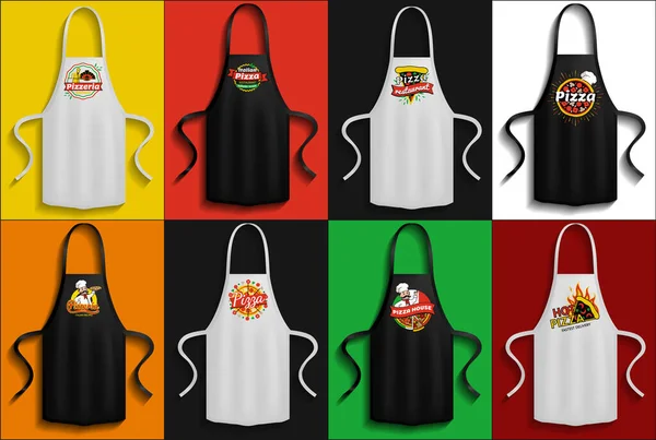 Набір фартухів з логотипами піцерії. Одяг для роботи та приготування їжі на кухні ресторану піци — стоковий вектор