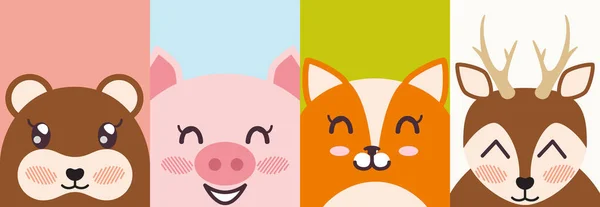 Conjunto de desenhos animados kawaii vida selvagem e ícones de animais de fazenda. Adesivos, elementos de design de emoji para crianças —  Vetores de Stock