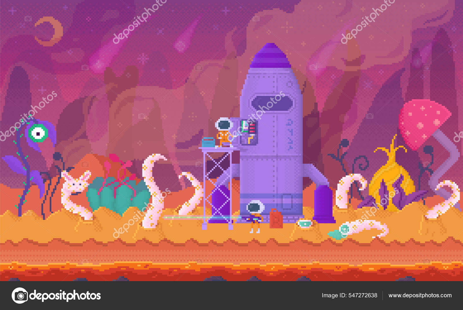 Estilo de arte pixel antigo ufo jogo de guerra espacial. monstros