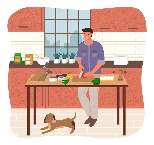 Vrijgezel snijden groenten man in keuken koken — Stockvector