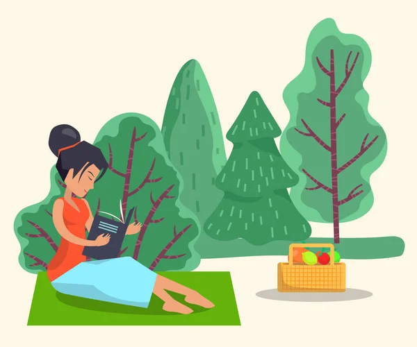 Vrouw zitten op deken en boek lezen, Outdoor picknick — Stockvector