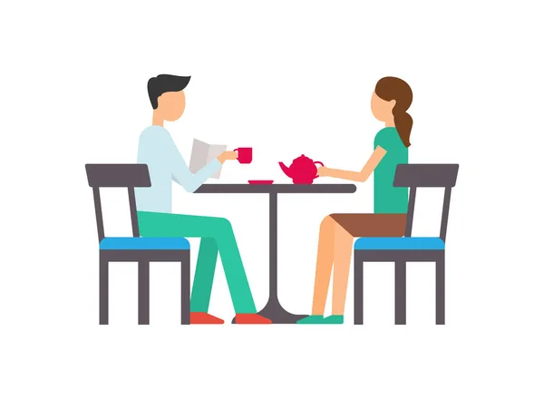 Couple man and woman sit at table, drink tea — Stock Vector