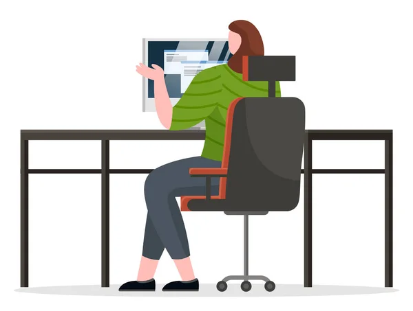 Mujer Trabajando en Computadora en la Oficina, Lugar de Trabajo — Archivo Imágenes Vectoriales