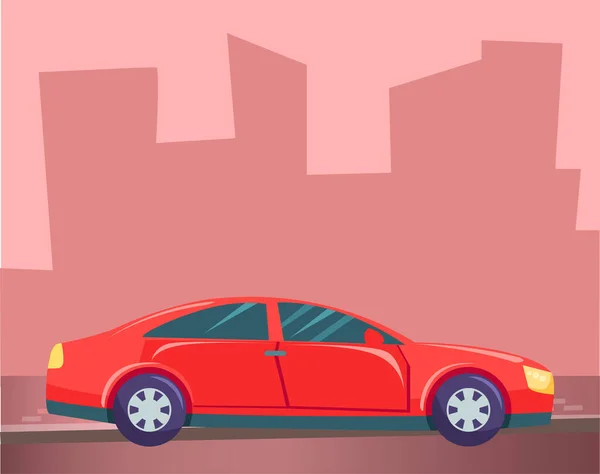 Carro vermelho na estrada da cidade, silhueta dos edifícios — Vetor de Stock