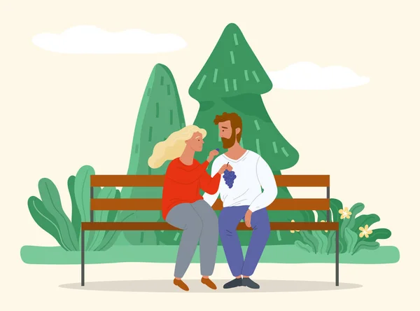 Amoureux assis sur le banc et manger vecteur de raisin — Image vectorielle