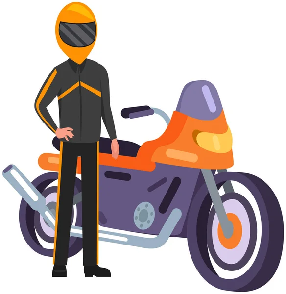 Motociclista si trova vicino moto. Uomo in tuta da corsa e casco motociclista e bici da veicolo — Vettoriale Stock