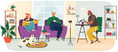 İnsanlar podcast sırasında iletişim kurar. Röportajda canlı bağlantı. Ses podcast 'i kayıt ediliyor