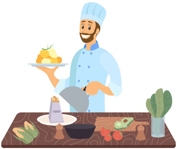Der Mensch hält Teller mit Fertiggericht und Deckel. Kitchener serviert Gericht vom Koch, Essen im Café — Stockvektor