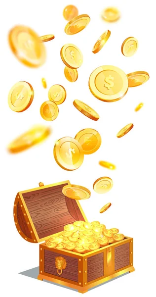El cofre Dower con monedas de símbolo de dólar caen en caja. Pecho con dinero símbolo de la riqueza y el éxito — Archivo Imágenes Vectoriales
