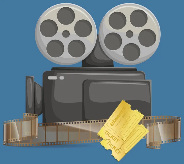 带着电影胶片和电影票的复古电影放映机。模拟设备电影电影电影放映机 — 图库矢量图片