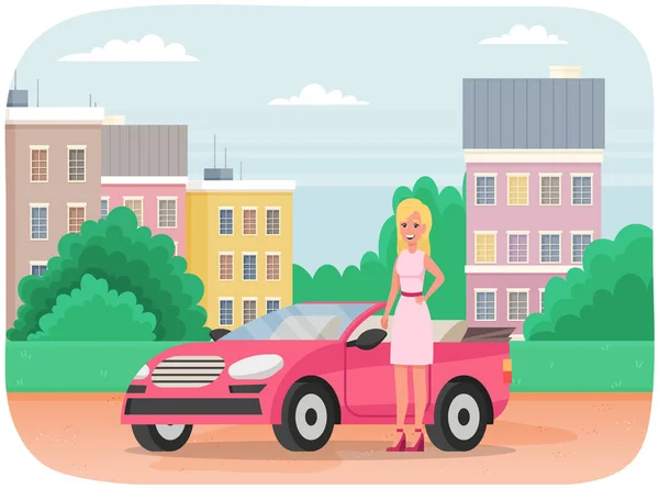 Jolie fille avec de beaux cheveux en robe se tient près de voiture rose. Femme blonde conduisant un véhicule — Image vectorielle