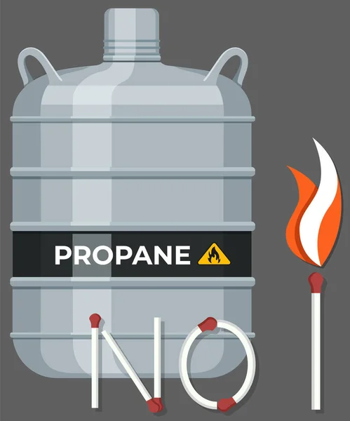 Cilindro de gas, recipiente con depósito de combustible. Globo con sustancia inflamable cerca de advertencia de incendio — Vector de stock