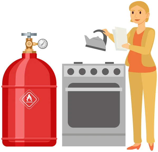 Mujer poniendo hervidor en el quemador. Señora calentando agua con estufa alimentada por gas suministrado desde el contenedor — Vector de stock