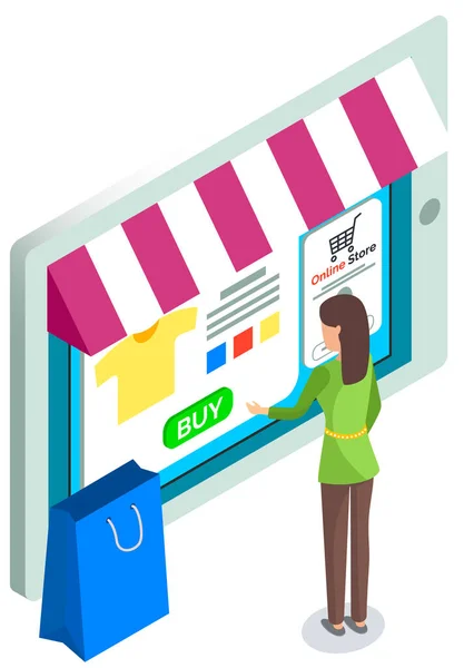 Personaggio femminile utilizza app per lo shopping online. Donna acquirente sceglie il prodotto in internet store — Vettoriale Stock