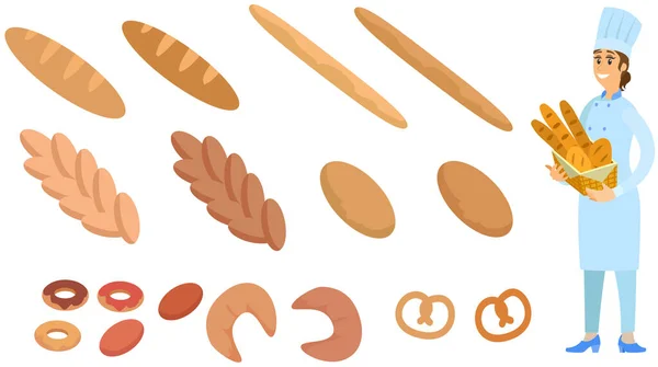 Panadero de mujer con canasta de bollería junto al pan, croissants y rosquillas de diversas formas — Vector de stock