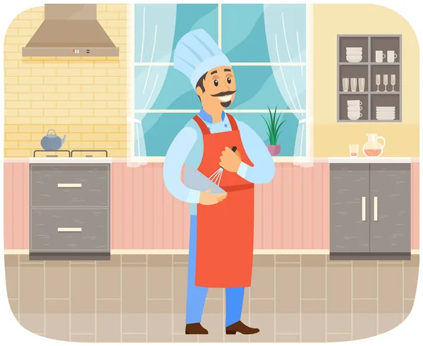 Homme en tablier préparant plat près de la nourriture, produits icônes. Chef travaille avec des équipements de cuisine pour cuisiner — Image vectorielle
