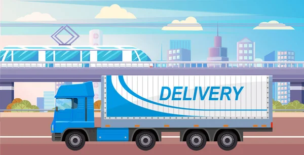 Mesin jasa pengiriman di kota modern. Truk untuk mengangkut barang ke seluruh dunia di Cityscape - Stok Vektor