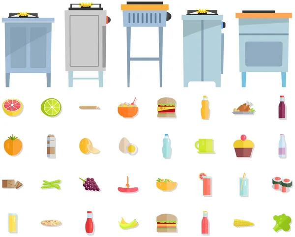 Conjunto de superficies de cocción con utensilios, utensilios de cocina, equipo de cocina cerca de la comida, iconos de ingredientes — Archivo Imágenes Vectoriales