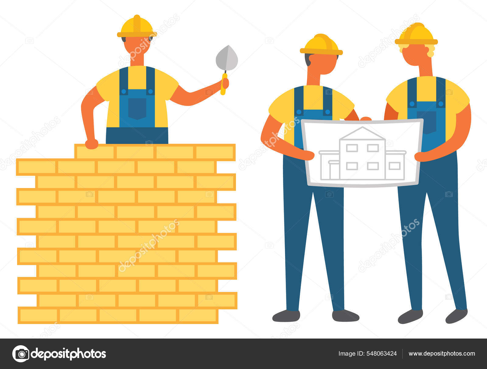 Man Building Wall med mursten, Ingeniører med Plan Stockvektor af ©robuart  548063424, image size:1600x1211