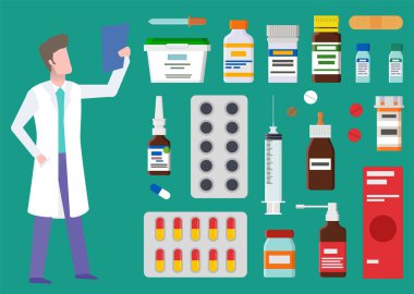 Tarama sonuçları ve ilaç seti olan doktor.