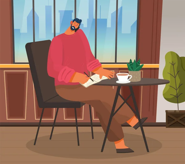 Man Writing em Notebook em Coffeehouse e beber café — Vetor de Stock