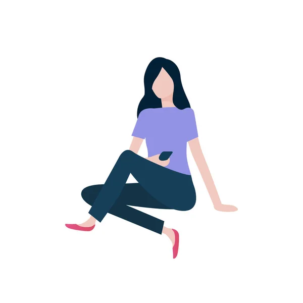 Žena sedí na zemi a pomocí Smartphone vektoru — Stockový vektor