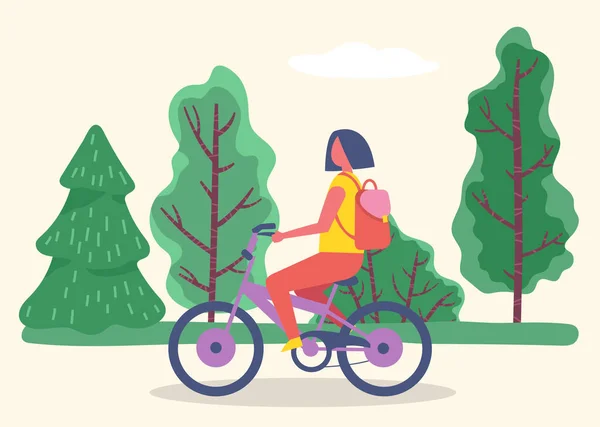 Woman Riding Bicycle in Forest, Summer Activity — Stock Vector