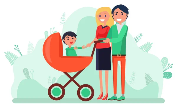 Niño pequeño en Pram, madre y padre con niño — Vector de stock