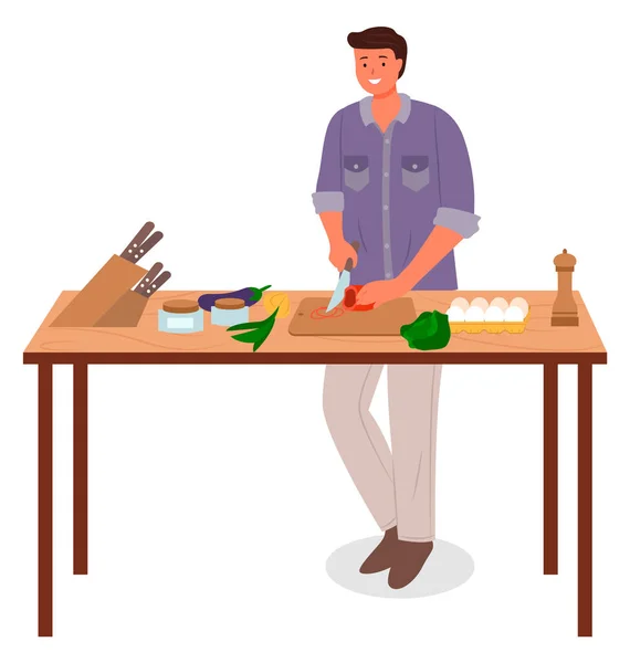 Man Cut Zelenina, Kuchařka na stole v kuchyni — Stockový vektor