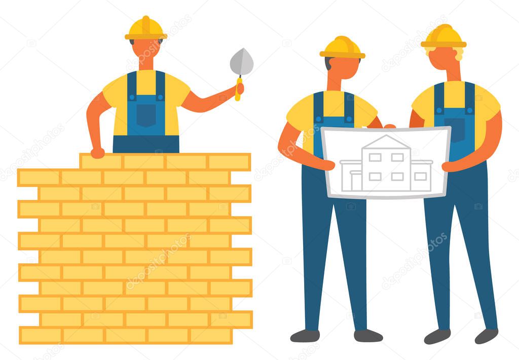 Man Building Wall with Bricks, Engineers with Plan