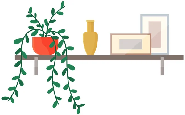 Süslü rafta asılı duruyor. Ofis ya da ev mobilyası. Saksı bitkisi, vazo, raftaki resimler. — Stok Vektör