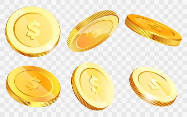Monete d'oro isometriche con simbolo dollaro in varie proiezioni. Denaro simbolo di cassa isolato su bianco — Vettoriale Stock