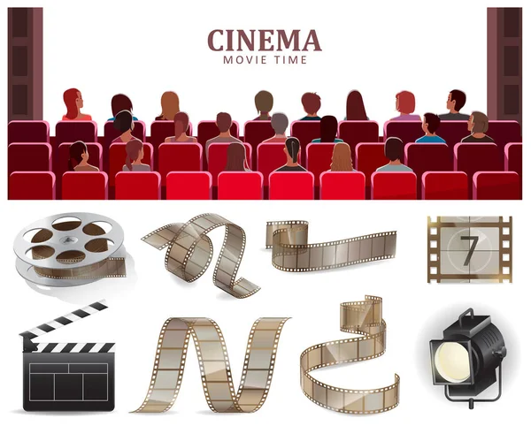 Cine ver cine pantalla vacía plantilla con grupo de personas sentadas antes de la pantalla blanca — Vector de stock