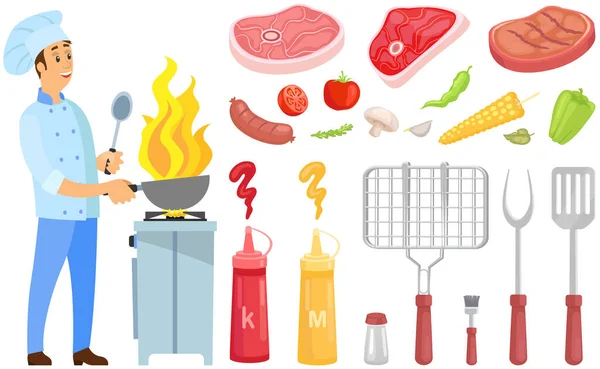 Мужчина шеф-повар жарки на сковороде ингредиенты блюда рядом с элементами барбекю, соусы, мясо, гриль лезвия — стоковый вектор