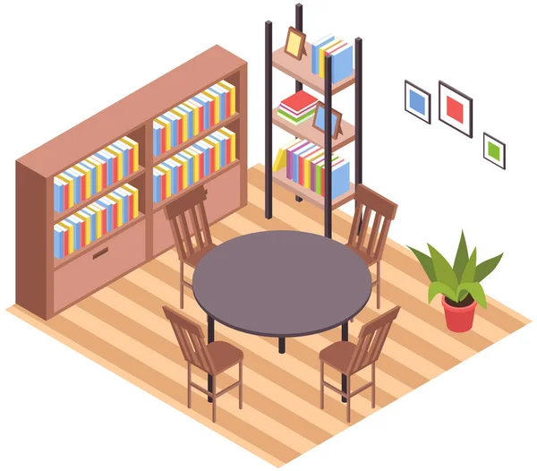 Moderno interior de salón. Acogedor apartamento amueblado. Cómodo piso con mesa, sillas, librería — Vector de stock
