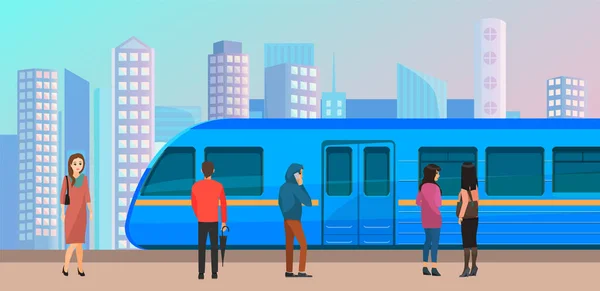 Transport partant du tunnel jusqu'au métro. Train pour le transport de passagers au quai de la station de métro — Image vectorielle