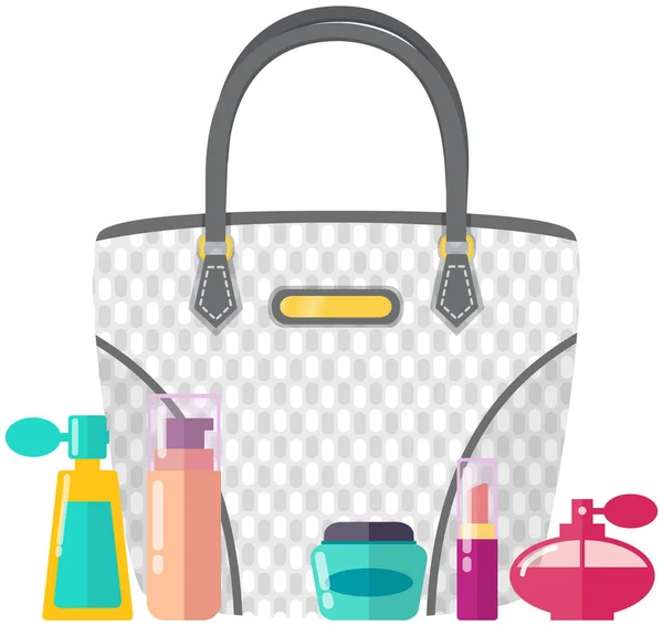 Crema, profumo, cosmetici e pomata. Contenuto della borsa donna, accessori per il trucco e la cura — Vettoriale Stock