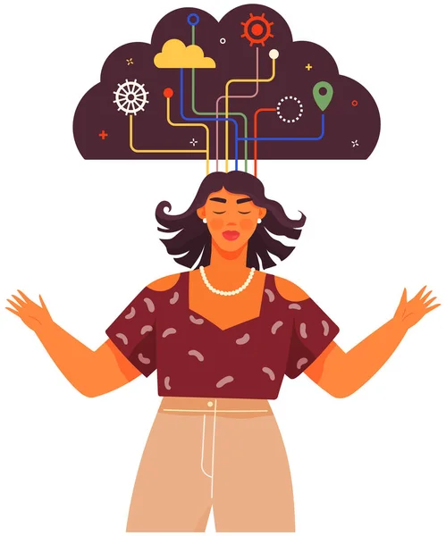 Mujer desarrollando pensamiento creativo con mentalidad mental tipos para hacer frente a los problemas, encontrar soluciones — Archivo Imágenes Vectoriales