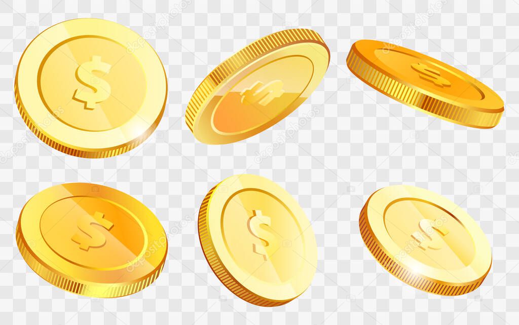 Isometric gold coins with dollar sign in various projections. Money cash symbol isolated on white