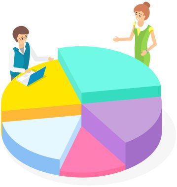 Analitik işçiler pasta grafiğine bakıyor. İstatistiksel rapor ve mali araştırma üzerine çalışan meslektaşlar