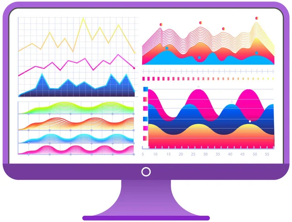 Počítačová obrazovka ilustrace s finančními grafy a grafy. Web analytické informace plochá ikona — Stockový vektor