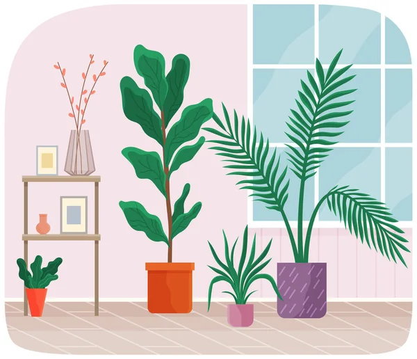 Modern bitkiler ev dekorasyonunda. Evde saksıda çiçek ve bitki yetiştirmek için yer var. — Stok Vektör